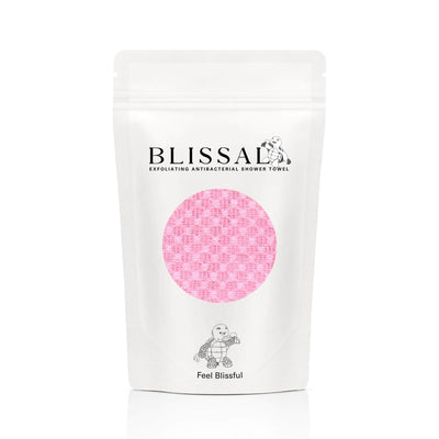 Blissal antibacterial exfoliating towel in pink packaging designed for sensitive skin and gift-giving
