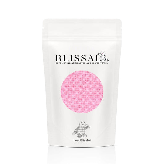 Blissal antibacterial exfoliating towel in pink packaging designed for sensitive skin and gift-giving